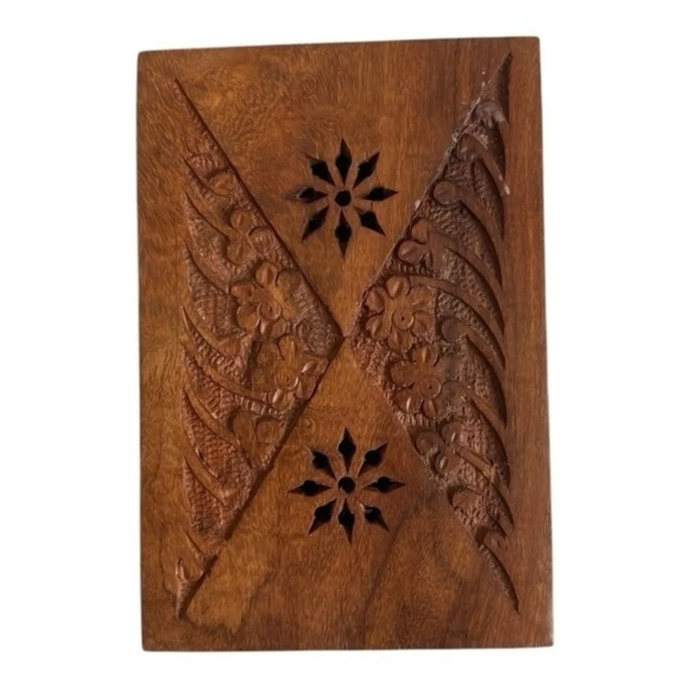Vintage Brown Wooden Jewelry Box Hand Carved 4x1.5x6